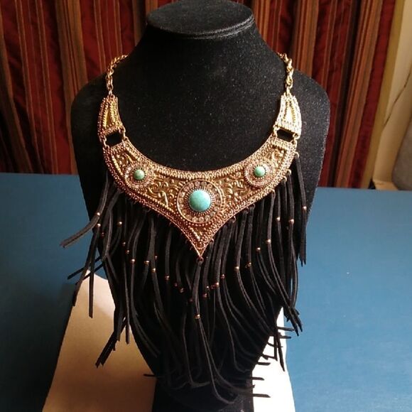 Bohemian Gold and Black Fringe Necklace Three Cabochons circled Rhinestones - Picture 1 of 8